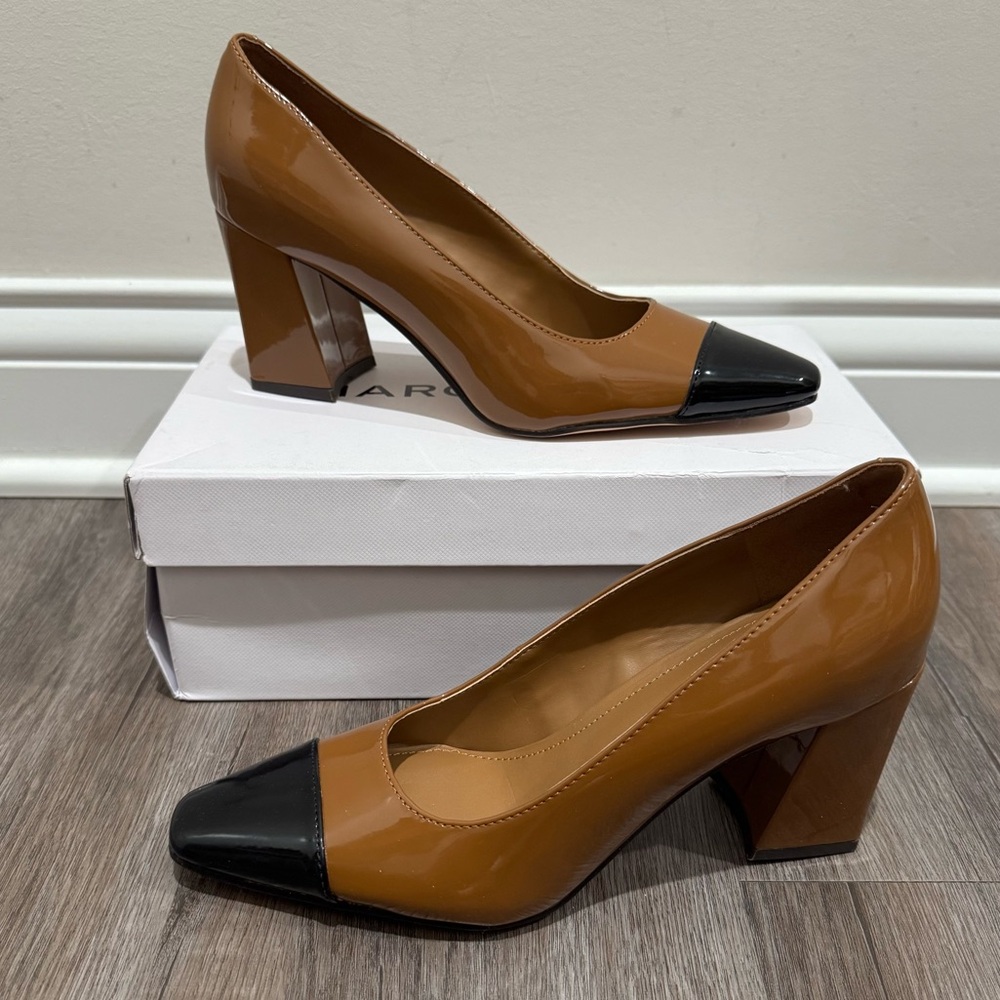 Marc Fisher Kapila Toe Cap Brown Black Patent Leather Block Pump Heels - Picture 1 of 11